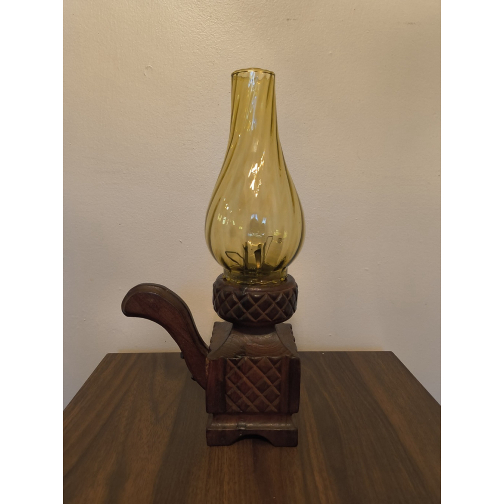 Carved‎ Wood Chamberstick Candle Holder Yellow Blown Glass Chimney Globe, Handle